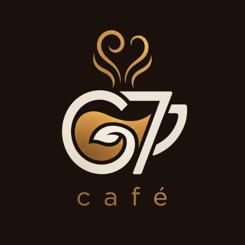 G7 Café logo with G, 7, cup, fish, and heart-shaped steam